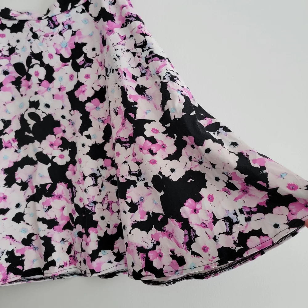 Cynthia Rowley Floral A-Line Skirt - Pink Black Stretch Wide Sweep Medium